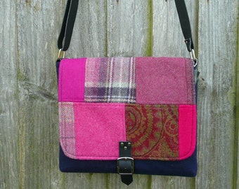 Pink patchwork wool tweed crossbody bag shoulder bag pocket book