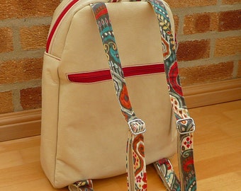 Leather Backpack, Cream Leather and Paisley Fabric Rucksack  display picture 3