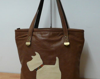 Braune Ledertasche, Scottie-Hundeinkaufstasche, Pfotenabdruck-Buchtasche, Reißverschluss-Schultertasche, Hundeapplikations-Tasche, Lederbuchtasche