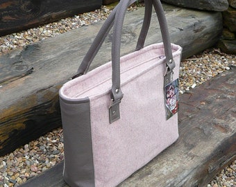 Pink gray leather handbag, recessed zipper top purse, tweed top handle handbag