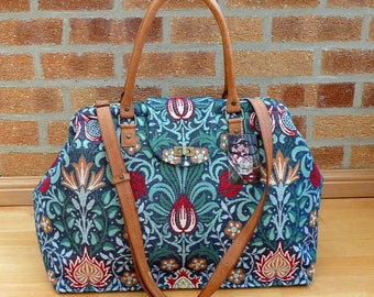 Weekender bag blue tapestry carpet bag travel bag overnight bag William Morris Persian Blue tapestry Mary Poppins bag