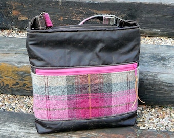 Brown wax canvas and pink tweed crossbody bag, water resistent shoulder bag