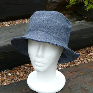 Bucket hat blue wool tweed unisex hat waxed wool tweed hat