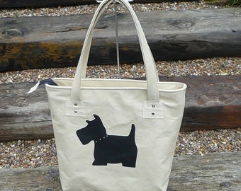 Scottie dog leather tote, reverse applique shopping bag, doggy book bag, scottie dog shoulder bag, cream leather book bag, zip top tote