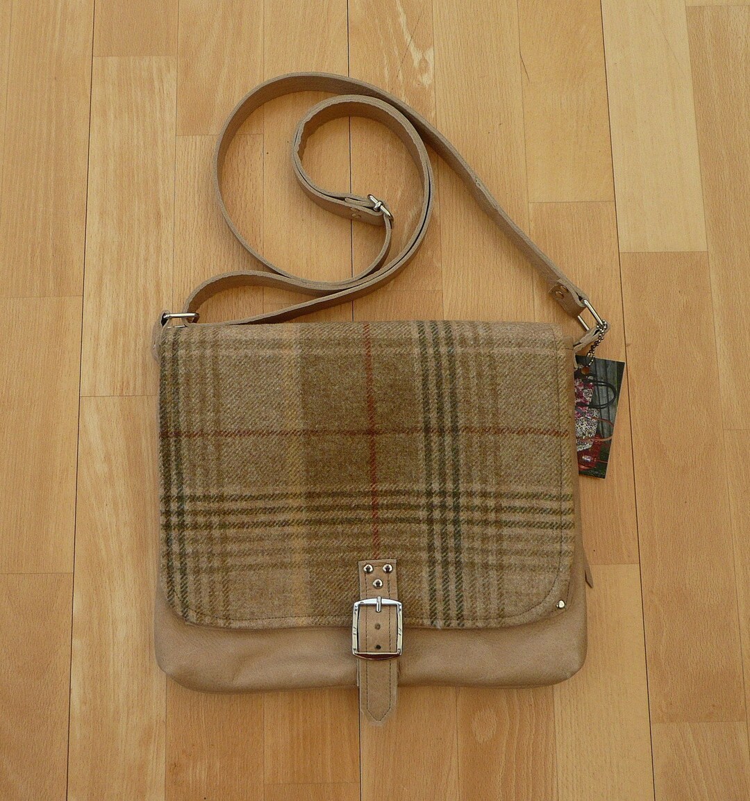 Leather Crossbody Bag Beige Leather and Tweed Shoulder Bag Etsy