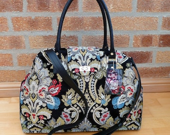 Overnight bag, black chenille Mary poppins style carpet bag