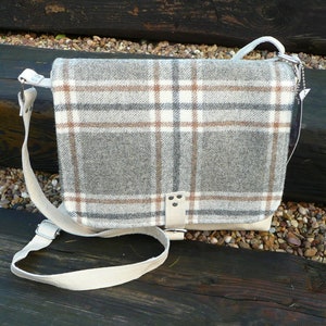 Cream leather crossbody bag, tweed shoulder bag, gray tweed shoulder bag, leather shoulder bag, unisex crossbody bag, pocketbook