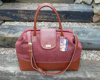 Mary Poppins style weekender bag, burnt orange wool tweed and real leather carpet bag, overnight bag, travel bag, weekend bag