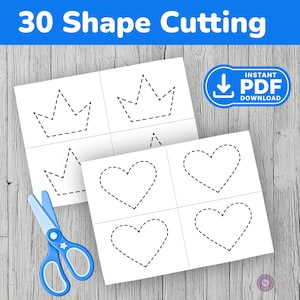 Puede incluir: Hojas de papel blanco con formas de corona y corazón delineadas con líneas discontinuas para practicar el corte. Tijeras azules con agujeros en forma de estrella están al lado de las hojas. El texto "30 Shape Cutting" está en la parte superior.
