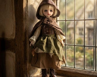 1/6 BJD Clothes YoSD 30 cm Cottagecore Dress Corset Belt Green Agrembiule Hood Set 4-Piece Mori Girl Medieval Fantasy Doll Outfit