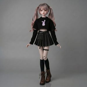 Y2K Dark Kawaii 1/3 SD BJD Clothes Bunny Crop Top Pleated Skirt Arm Warmers 6-Piece Set 60cm Outfit
