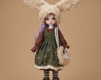 Mori Girl 1/6 YoSD BJD Vestiti Cottagecore Abito Cappello da Coniglio Set da 6 Pezzi 30 cm Vintage