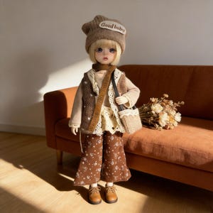 Blythe Cottagecore Outfit Set, Mori Girl Knit Vest & Floral Pants, Fits OB24 Azone, 1/6 BJD Winter Clothes, 6-Piece Vintage Autumn Look image 1