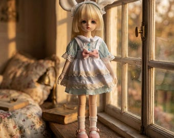 1/6 BJD Clothes YoSD 30 cm Lolita Dress Set Menta Verde Grembiule Bianco Orecchie da Coniglio Fascia per Capelli Kawaii Completo per Bambola 4 Pezzi