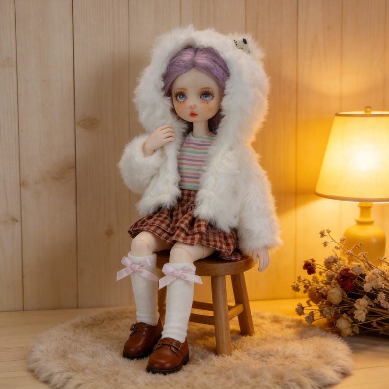 May include: A seated doll with purple hair, wearing a white furry hooded jacket, a striped shirt, and a plaid skirt. The doll has white knee-high socks with pink bows and brown shoes. It is sitting on a small wooden stool.