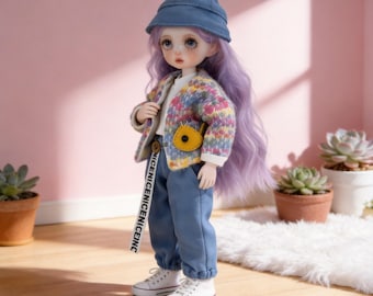 1/6 YoSD BJD Clothes | Y2K Streetwear Denim Jeans and Bucket Hat Set | 30cm Doll Casual Outfit | Kpop Style Colorful Knit Cardigan