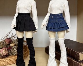 Completo da studentessa BJD 1/3 1/4, vestiti per bambole stile Preppy JK per SD MSD, gonna nera a pieghe, set in denim blu, maglione a collo alto e calzini