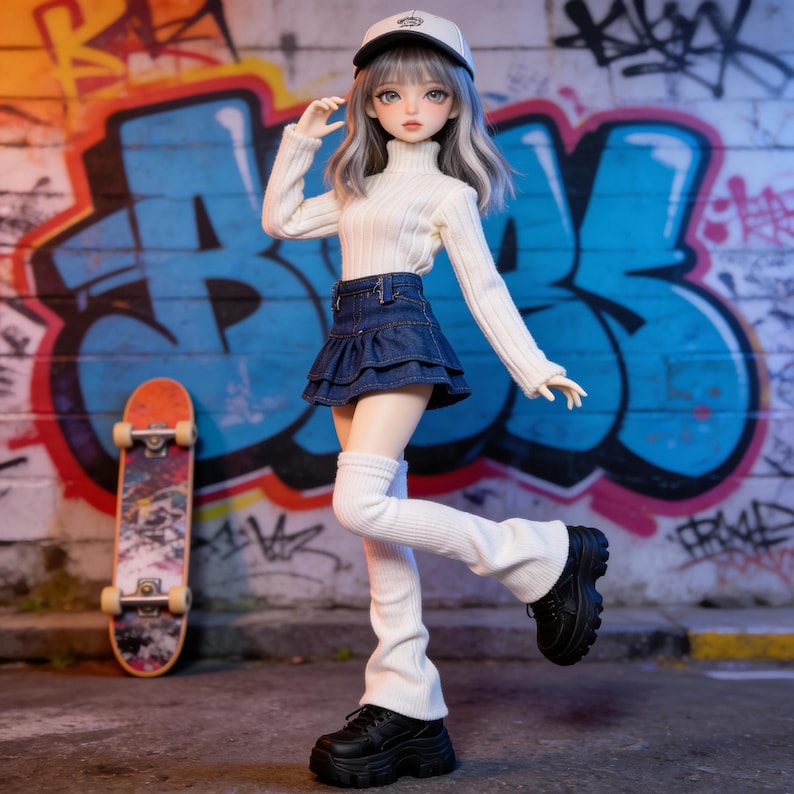 May include: A fashion doll wearing a white turtleneck sweater, denim skirt, and black platform shoes. The doll has gray hair and a white baseball cap. A skateboard leans against a graffiti-covered wall.