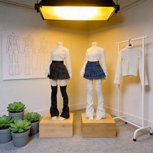 May include: Two mannequins dressed in white turtleneck sweaters, pleated skirts, and flared leg warmers. One skirt is black, the other denim blue. A matching sweater hangs on a white rack. A succulent plant arrangement is in the foreground.