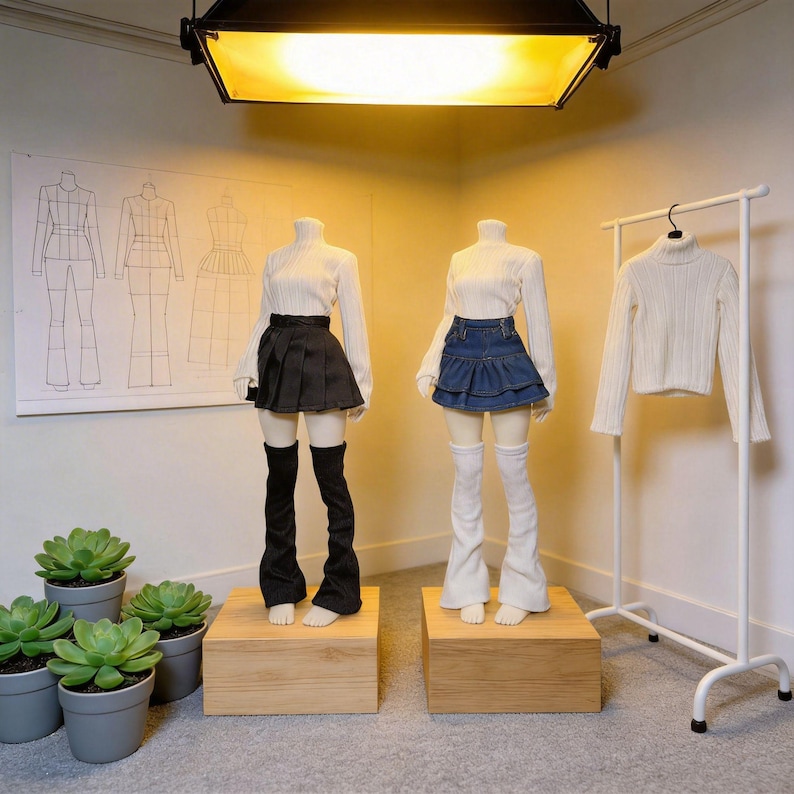 May include: Two mannequins dressed in white turtleneck sweaters, pleated skirts, and flared leg warmers. One skirt is black, the other denim blue. A matching sweater hangs on a white rack. A succulent plant arrangement is in the foreground.