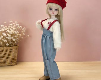 1/6 YoSD BJD Vestiti / Set berretto rosso parigino e bretelle in denim / Completo casual per bambola da 30 cm / Top bianco comodo e pantaloni a vita alta
