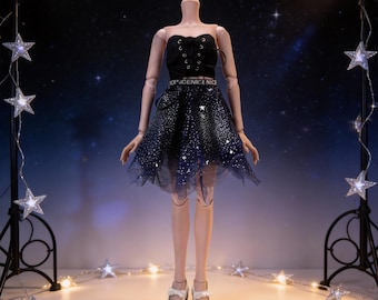 Completo con gonna in tulle stellato per bambola BJD 1/3 – Top corto nero e scarpe con fiocco (60 cm)