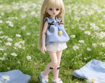 1/6 YoSD BJD Abiti / Abito estivo a quadretti blu e pantaloncini bianchi / Completo da picnic per bambola da 30 cm / Tunica kawaii con calzini di pizzo bianco