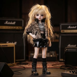 May include: A doll with long blonde hair, wearing a leopard print jacket, a striped crop top, and a black leather skirt. The doll is also wearing black boots and socks. The background features Marshall amplifiers.