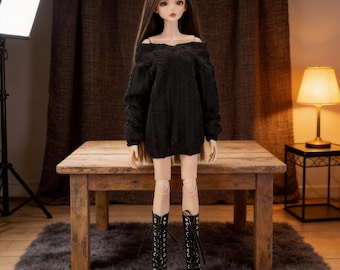 Abito maglione per bambole BJD 1/3 1/4 1/6, vestiti neri in maglia per bambole SD MSD YoSD, outfit gotico casual, stivali opzionali per bambole da 60 cm