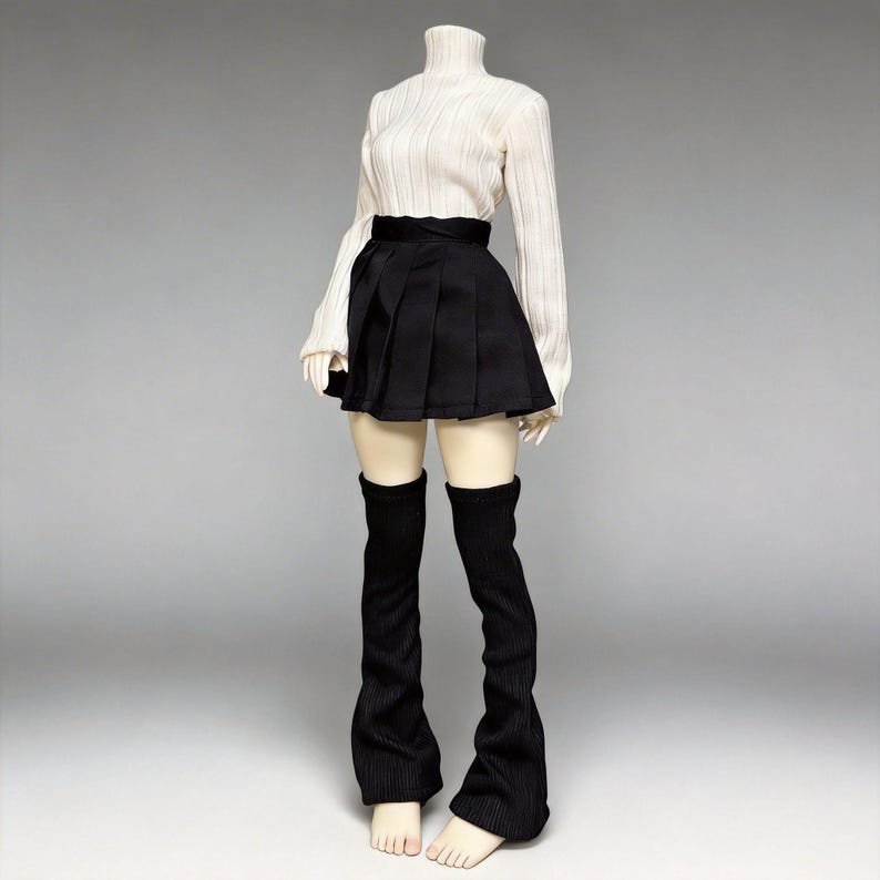 1/3 1/4 Bjd School Girl Outfit Set, Preppy Jk Style Doll Clothes for SD MSD, Black Pleated Skirt Blue Denim Set, High Neck Sweater & Socks image 5