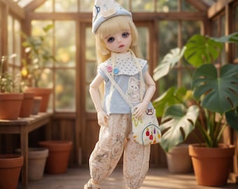 Cottagecore Sweet BJD Clothes Set di 4 pezzi: top con gatto, mutandine floreali, cappello e borsa per bambola YoSD 30 cm in scala 1/6.