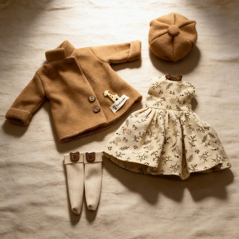 K&ouml;nnte beinhalten: Ein beiges Puppenkleidungsset mit einem Mantel mit Holzkn&ouml;pfen, einem Kleid mit floralem Muster, einer M&uuml;tze und gestreiften Socken mit B&auml;renakzenten. Der Mantel hat eine Giraffenapplikation.