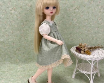 1/6 BJD Clothes, Set abito a grembiule a pois verde salvia, YoSD Outfit, Vestiti per bambole da 30 cm, Estetica Mori Girl, Moda in miniatura vintage