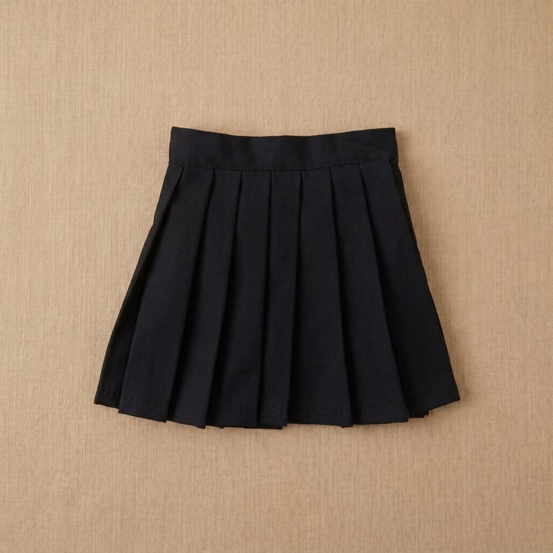 May include: A black pleated skirt, viewed from above, against a neutral background. The skirt has a classic A-line shape with evenly spaced pleats. The fabric appears to be a solid, opaque material.