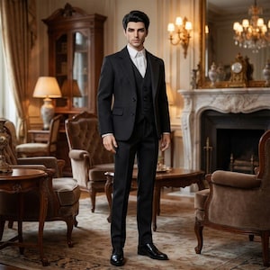 May include: A three-piece black suit consisting of a tailored blazer, a matching button-up vest, and trousers. The suit is worn over a crisp white collared dress shirt. The ensemble is completed with black leather dress shoes.
