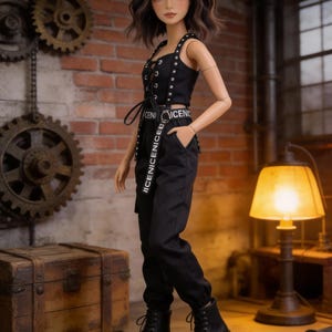 May include: A fashion doll wearing a black crop top and matching pants with the word "ICENICENICED" printed on the side. The doll has black platform boots and a black bow in her hair. The background features a brick wall and industrial-style decor.