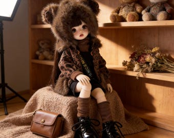 Set da 5 pezzi per bambola YoSD BJD in scala 1/6 / Cappotto con stampa leopardata e grembiule nero / Abito dark preppy per bambola da 30 cm / Maglia a coste e calzini cloche