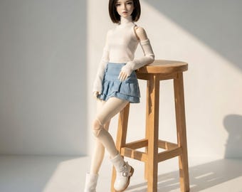 Y2K Casual 1/3 SD 1/4 MSD BJD Clothes Denim Skirt Set White Knit Top Arm Warmers 4-Piece Outfit
