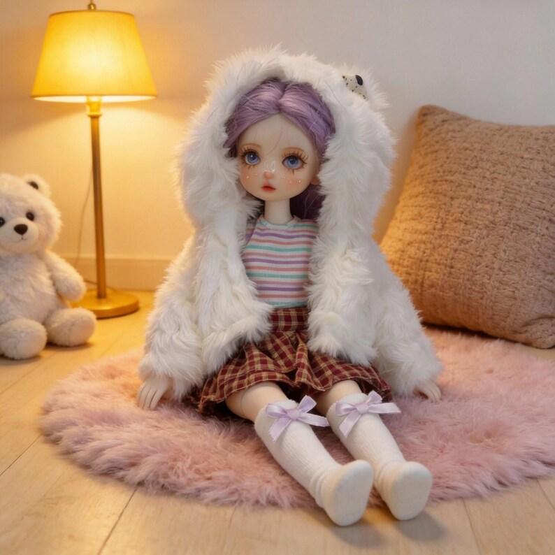 May include: A doll with purple hair and blue eyes, wearing a white furry hooded coat, a striped shirt, and a plaid skirt. The doll is sitting on a pink rug and wearing white socks with purple bows.
