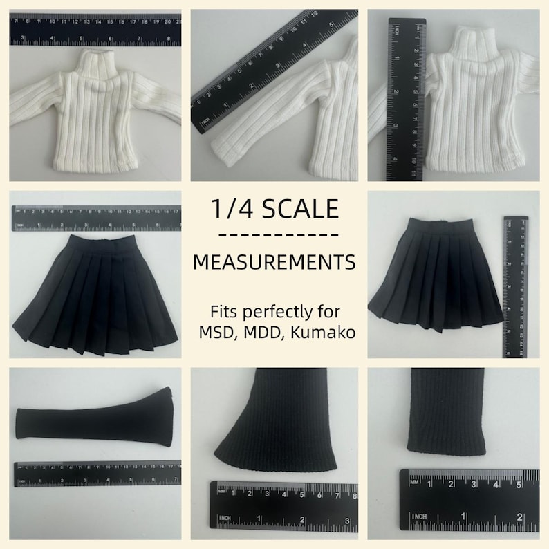 May include: A collection of doll clothing in 1/4 scale, including a white ribbed turtleneck sweater and a black pleated skirt. The image includes text that reads "1/4 SCALE MEASUREMENTS Fits perfectly for MSD, MDD, Kumako."