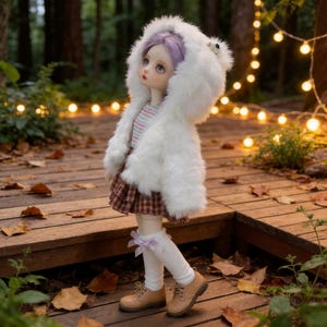 May include: A doll with purple hair and blue eyes, wearing a white faux fur hooded jacket, a striped shirt, and a plaid skirt. The doll is also wearing white socks with lavender bows and brown shoes. The doll is standing on a wooden deck with string lights in the background.