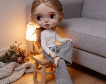 Completo casual Blythe, top a coste e pantaloni a gamba larga, adatto a OB22 OB24 Azone, abbigliamento minimalista per BJD 1/6, set da relax in 2 pezzi