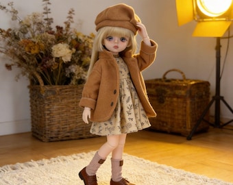 Completo invernale per bambola BJD in scala 1/6, set di abiti vintage, adatto a OB22 OB24 Azone, abiti Neo Blythe, berretto scuro preppy, look in 4 pezzi