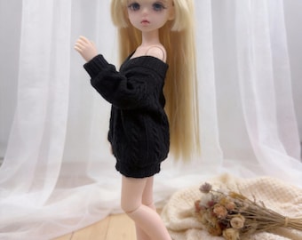 1/6 YoSD BJD Clothes / Alt Black Off-Shoulder Knit Sweater Dress / 30 cm Doll Grunge Outfit / Slouchy Dark Casual Wear