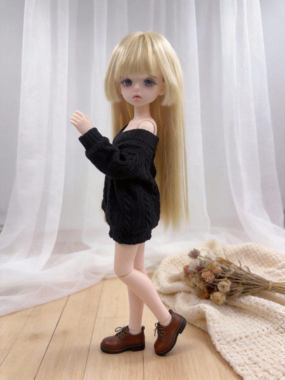 1/6 YoSD BJD Clothes | Alt Black Off-Shoulder Knit Sweater Dress | 30cm Doll Grunge Outfit | Slouchy Dark Casual Wear
