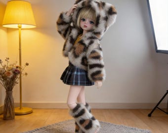 1/6 YoSD BJD Clothes / Cappotto leopardato soffice e gonna a quadri stile Y2K Gyaru / Completo Alt Fashion per bambola da 30 cm / Set scaldamuscoli Harajuku Egirl