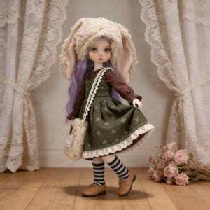 May include: A doll dressed in a fluffy bunny hat, a green dress with white lace edging, and brown shoes. The doll has purple hair and carries a small purse. The background features lace curtains and pink roses.