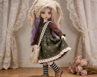 Vestito per bambola BJD YoSD 1/6 - Stile coniglietto della foresta, vestito floreale, cappello da coniglio e borsa di peluche