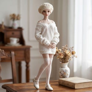 Puede incluir: Una mu&ntilde;eca articulada que lleva una boina de punto trenzado color crema, un vestido de su&eacute;ter de punto trenzado a juego con hombros descubiertos, medias blancas estampadas hasta el muslo y zapatos Mary Jane blancos. La mu&ntilde;eca tiene tez p&aacute;lida.
