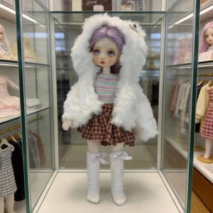 May include: A doll with purple hair and blue eyes, wearing a white furry hooded jacket, a striped shirt, and a plaid skirt. The doll is also wearing white boots with pink bows. The doll is displayed in a glass case.